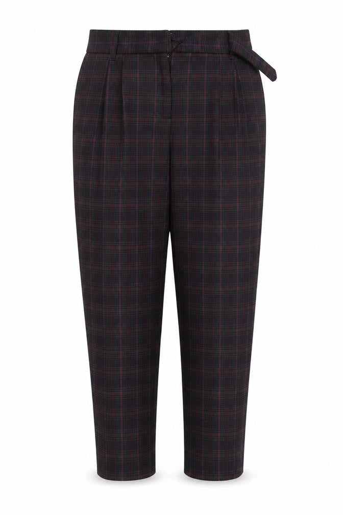 Front view of Next women’s purple check trousers, size UK 10, 22-inch leg