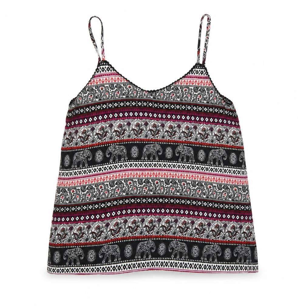 Front view of New Look women’s black geometric camisole tank, size UK 6