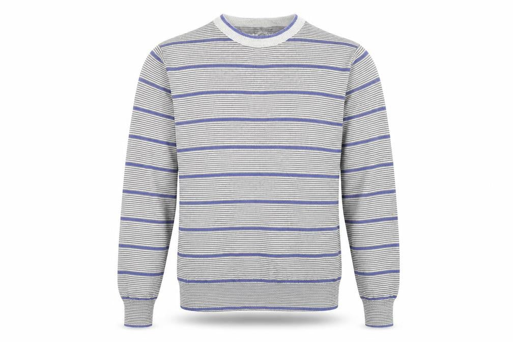 Front view of Cedarwood State men’s grey striped jumper, size S