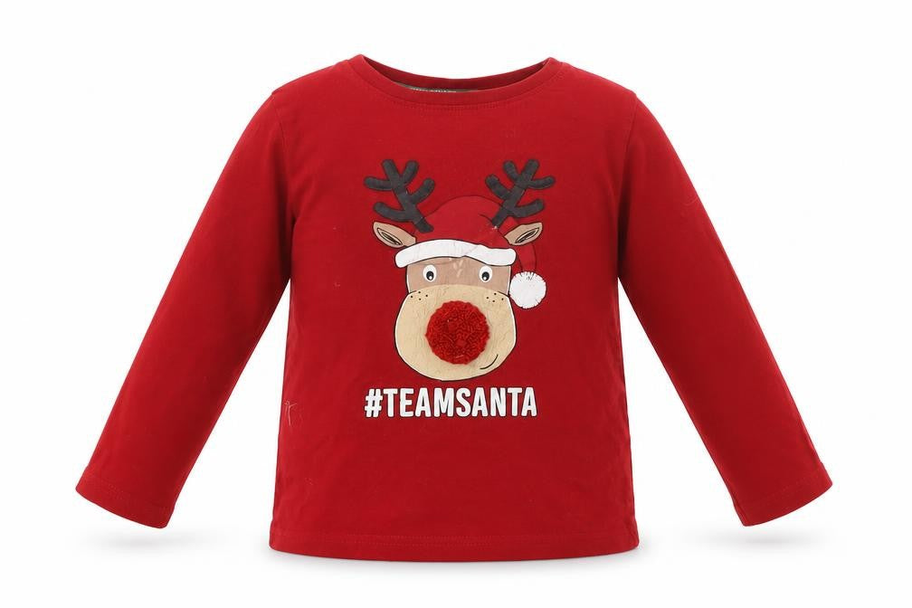 Front view of Primark boys’ red basic t-shirt, size 3-4, years - reindeer