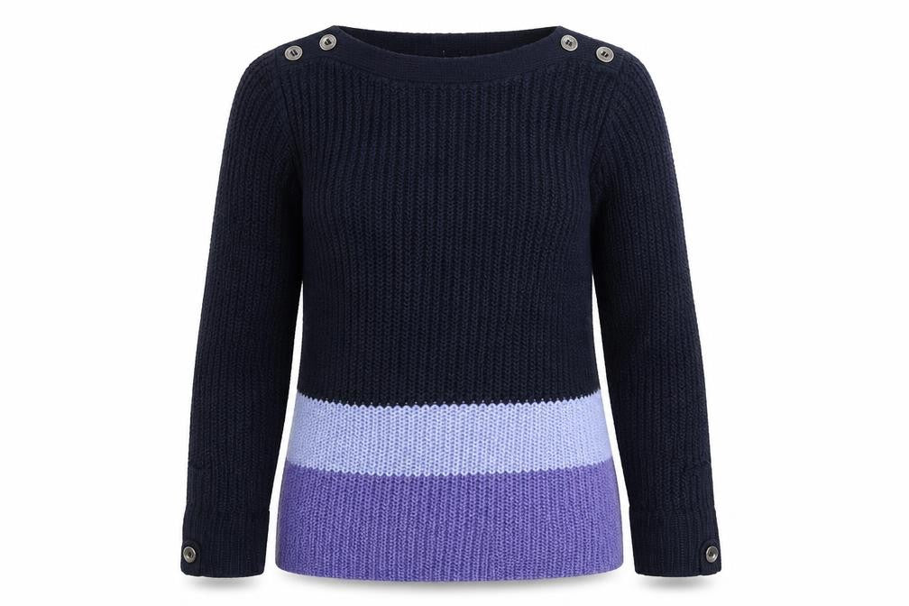 Front view of BHS women’s blue striped jumper, size UK 10