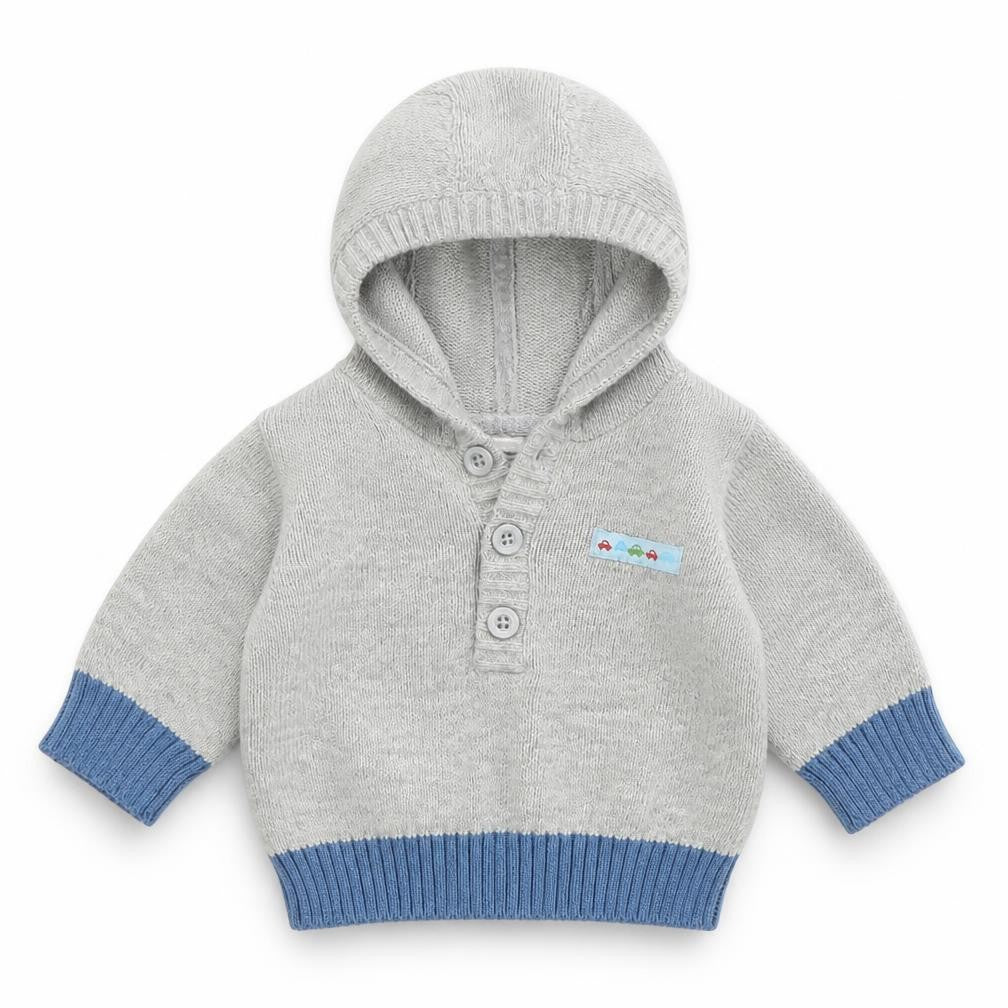 Front view of Tu boys’ grey jumper, size 0-3, months