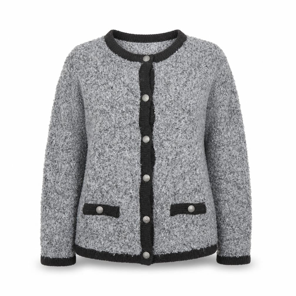 Front view of EWM women’s grey cardigan jumper, size S