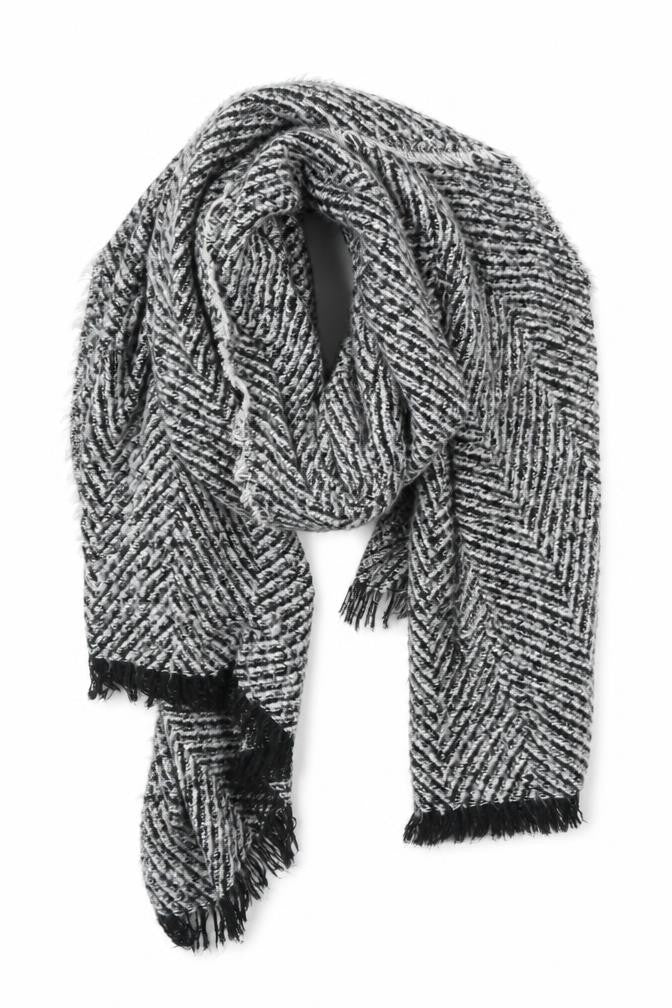 Front view of Preworn unisex grey herringbone shawl/wrap
