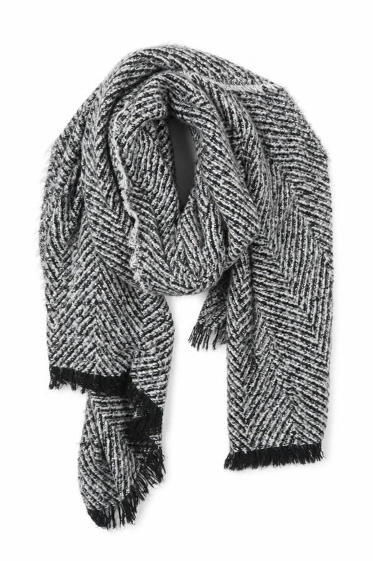 Front view of Preworn unisex grey herringbone shawl/wrap