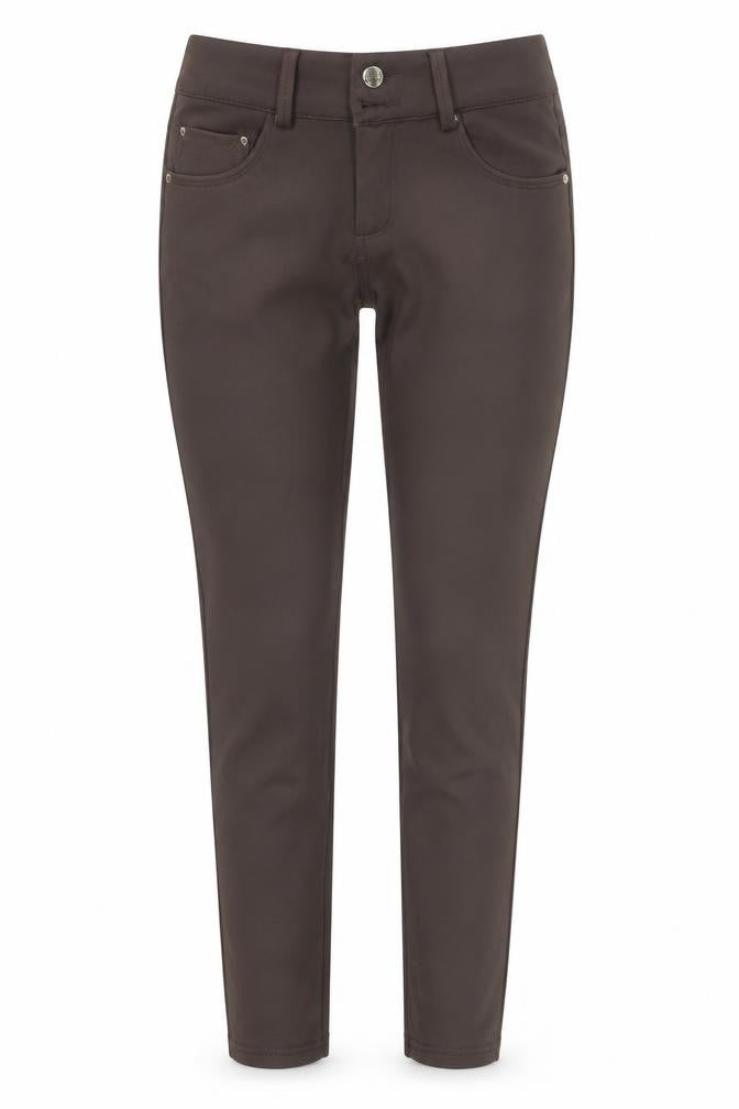 Front view of Moongirl women’s brown trousers, size UK 30, in, 32-inch leg