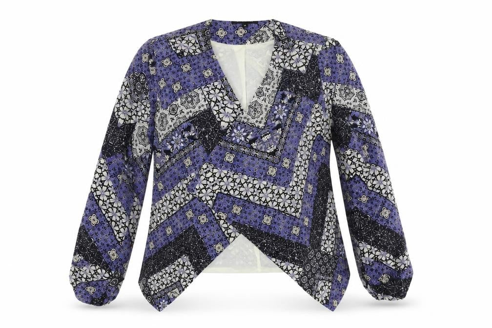 Front view of New Look women’s blue floral jacket, size UK 10