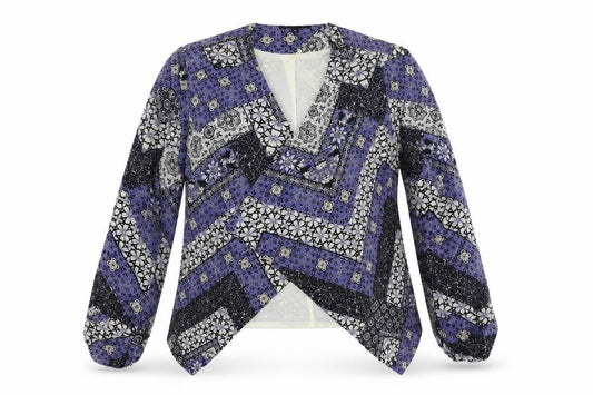 Front view of New Look women’s blue floral jacket, size UK 10