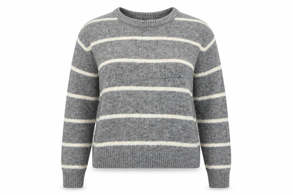 Front view of H&M women’s grey striped jumper, size M