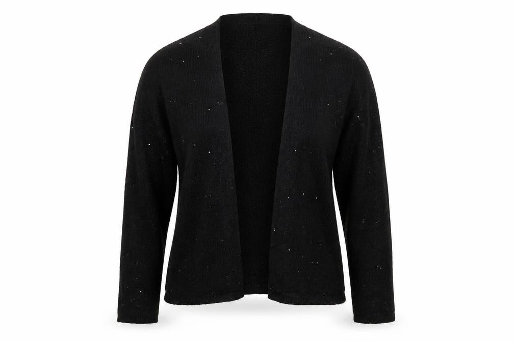 Front view of Marks & Spencer women’s black cape jumper, size UK 14