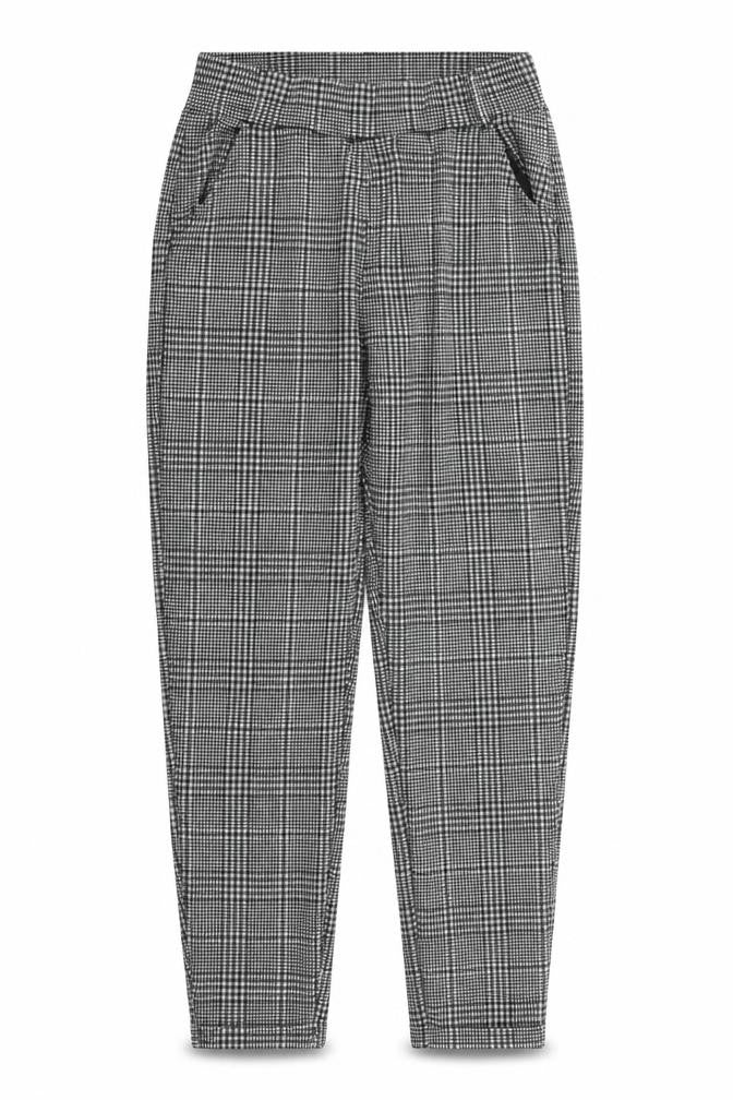 Front view of Preworn women’s multicoloured check trousers, size L, 26-inch leg