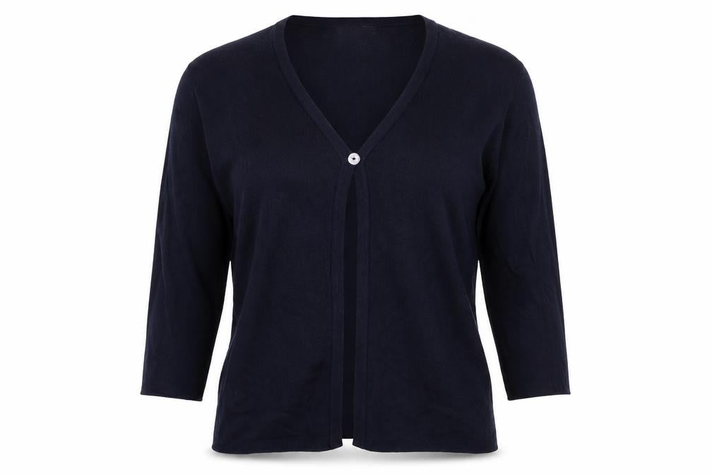 Front view of St Bernard women’s blue cardigan jumper, size UK 14