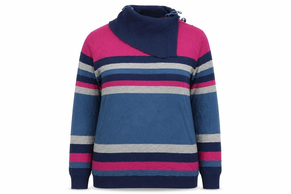 Front view of Country Casuals women’s blue striped jumper, size M