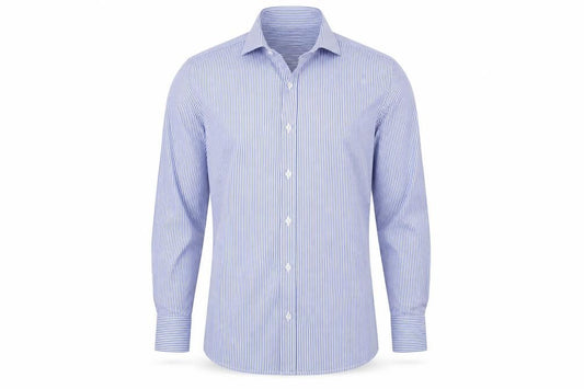 Front view of T.m Jewin men’s blue striped dress shirt, size 36