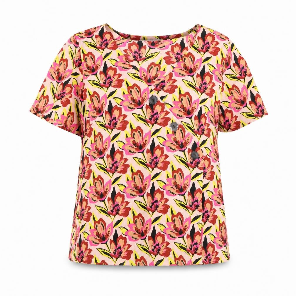 Front view of Pieces women’s pink floral basic blouse, size M