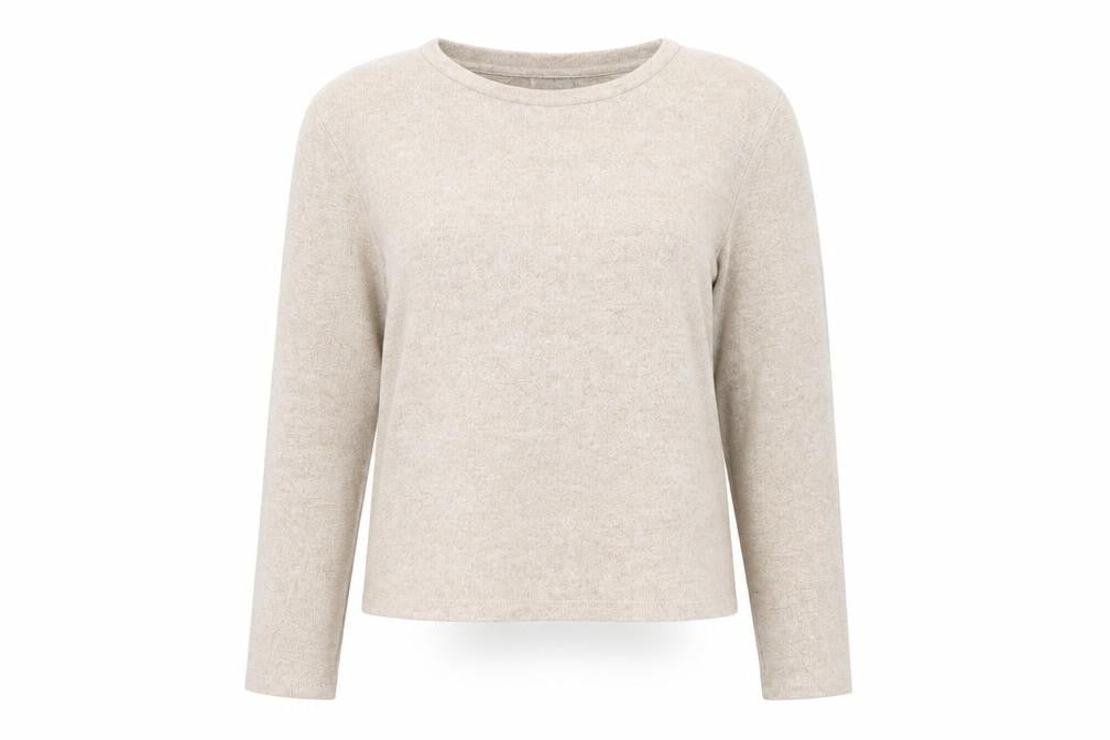 Front view of jeff & co women’s beige pyjama top, size UK 12