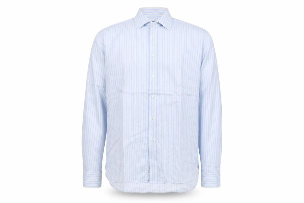 Front view of Marks & Spencer men’s grey striped button-up, size L