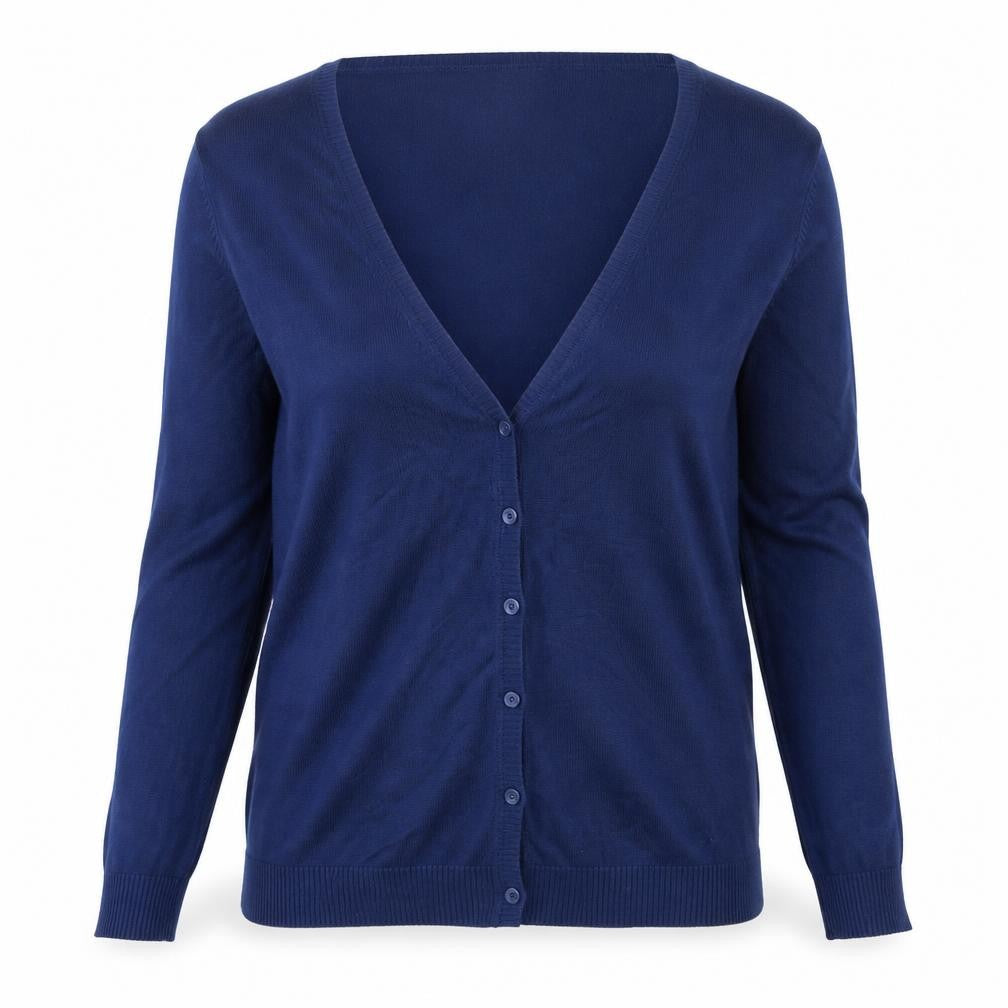 Front view of Avenue women’s blue cardigan jumper, size L