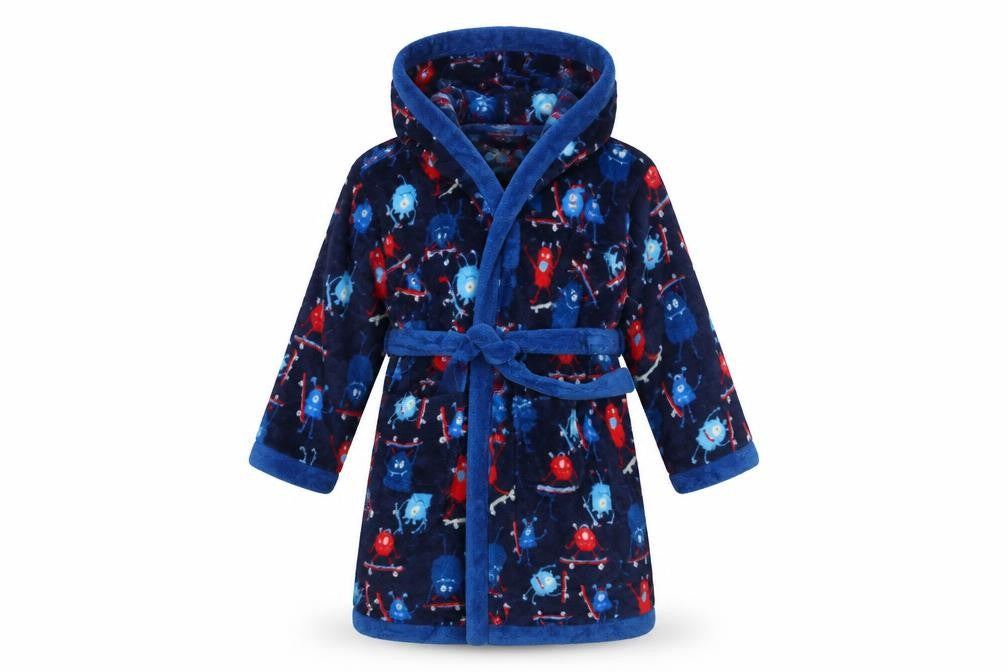 Front view of Mini Club boys’ blue robe, size 3-4, years