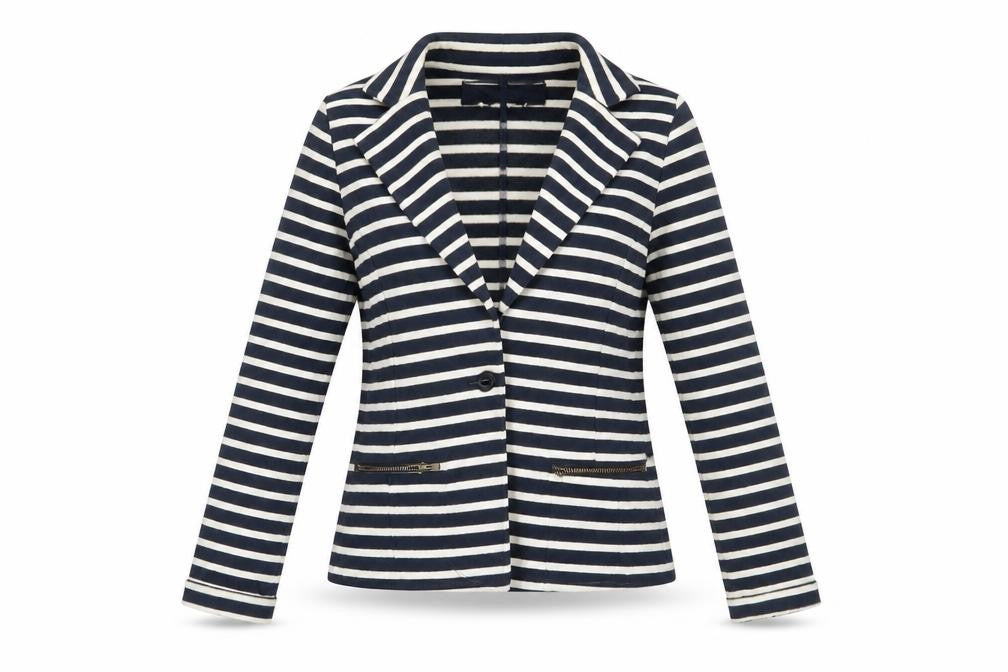 Front view of Next women’s blue striped jacket blazer, size UK 6