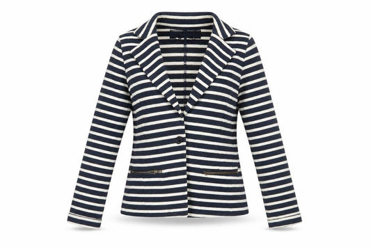 Front view of Next women’s blue striped jacket blazer, size UK 6