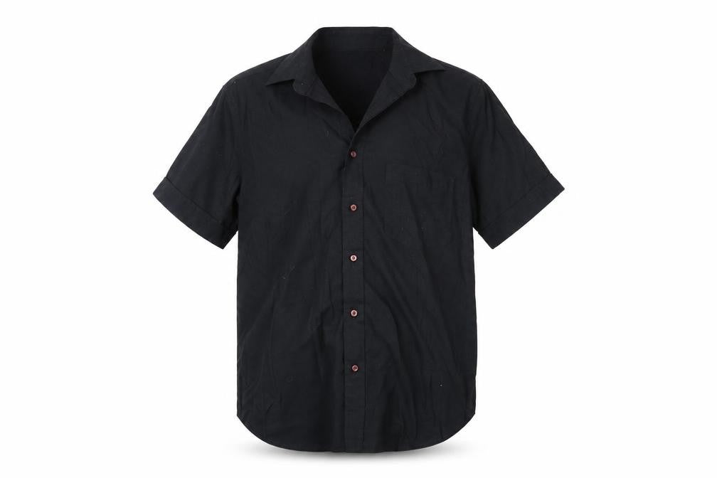 Front view of Moto men’s black button-up, size M