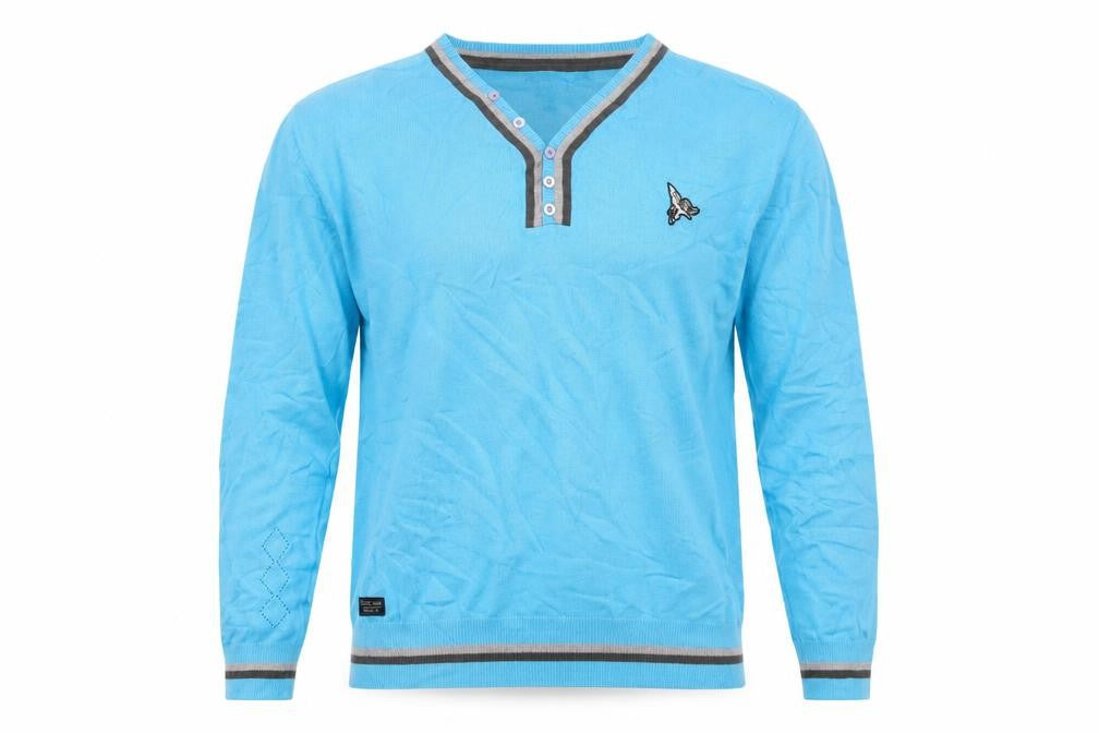 Front view of silver lions men’s blue henley jumper, size M