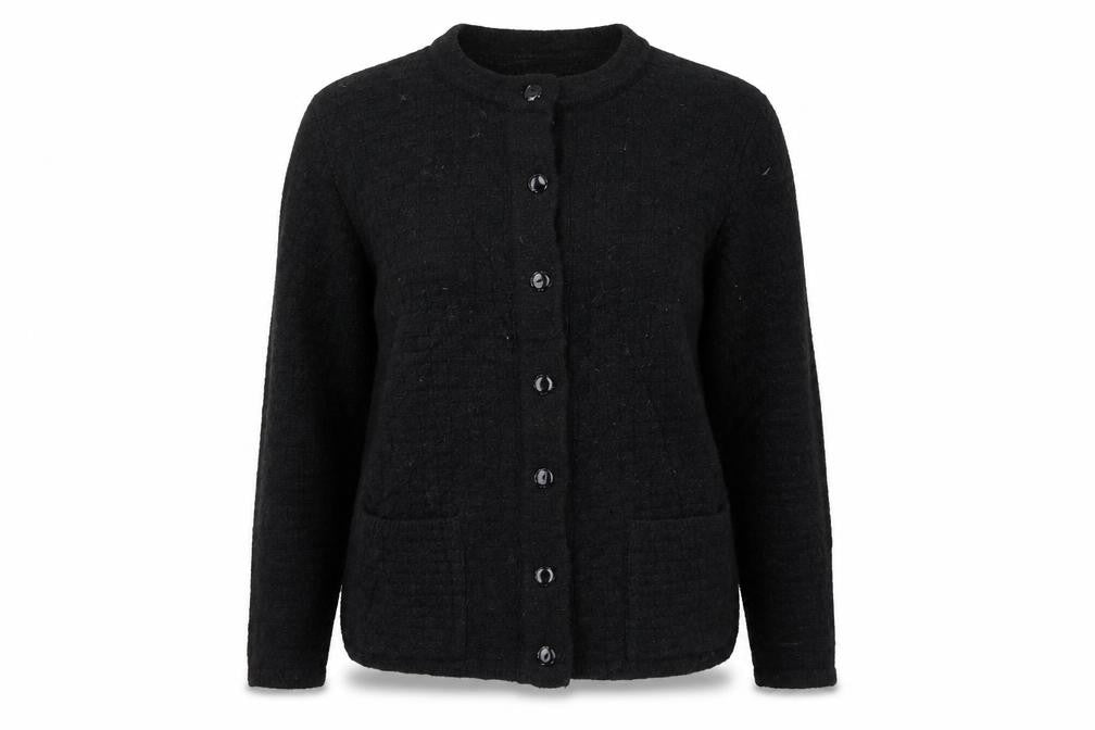 Front view of jeevika women’s black cardigan jumper, size S