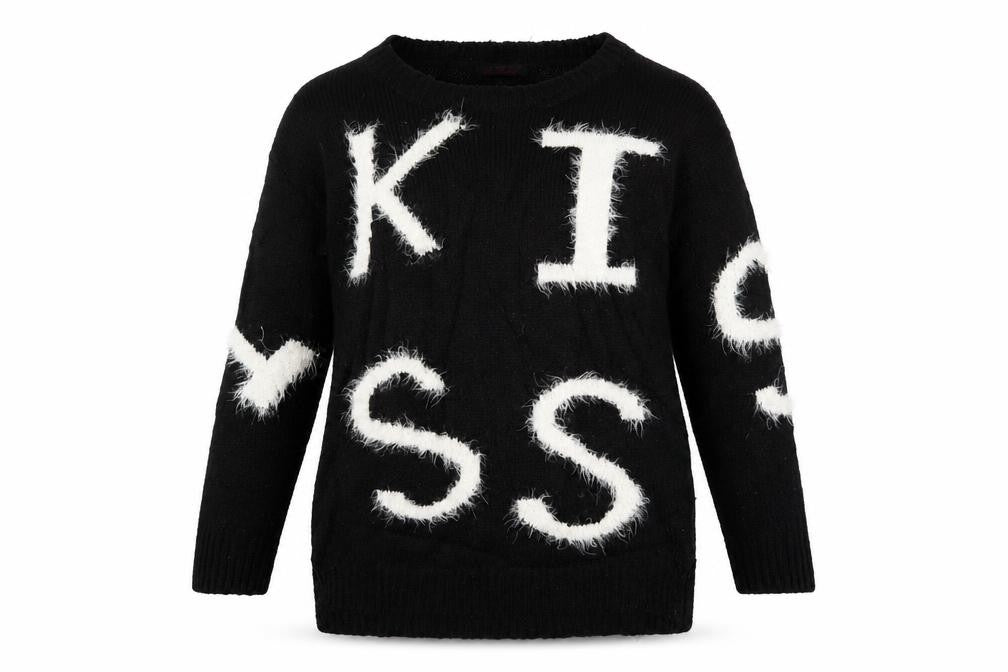 Front view of So Fabulous women’s black jumper, size UK 16, - kiss