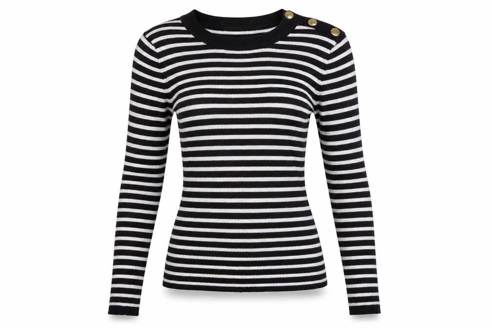 Front view of H&M women’s black striped jumper, size S