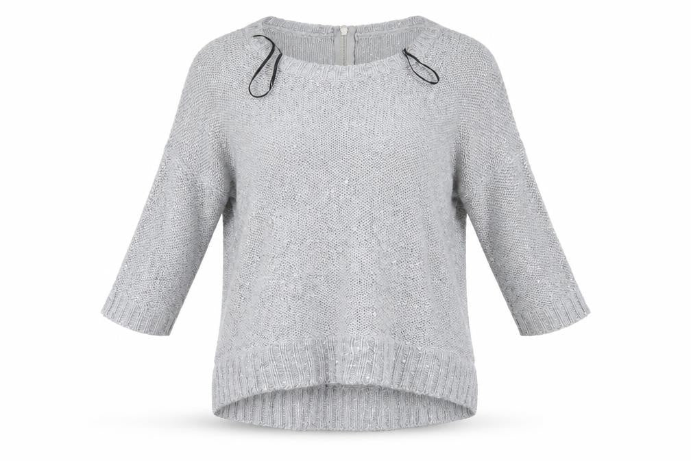 Front view of Warehouse women’s grey jumper, size UK 10