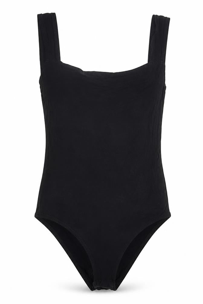 Front view of PRETTYLITTLETHING women’s black bodysuit one-piece, size UK 6