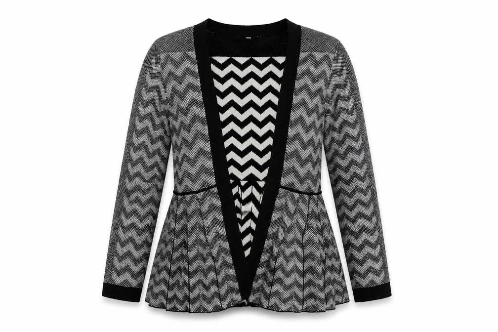 Front view of Marks & Spencer women’s black striped cardigan jumper, size UK 12