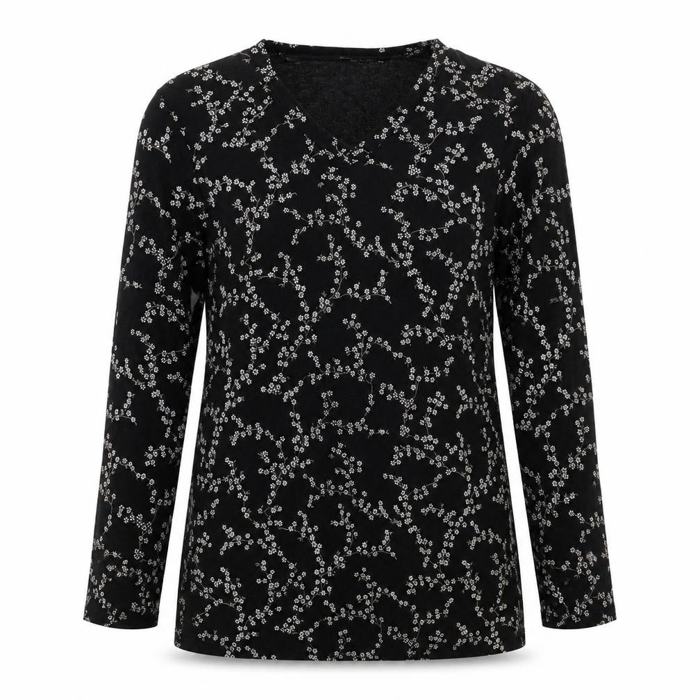 Front view of Es Se Plus women’s black floral basic blouse, size L