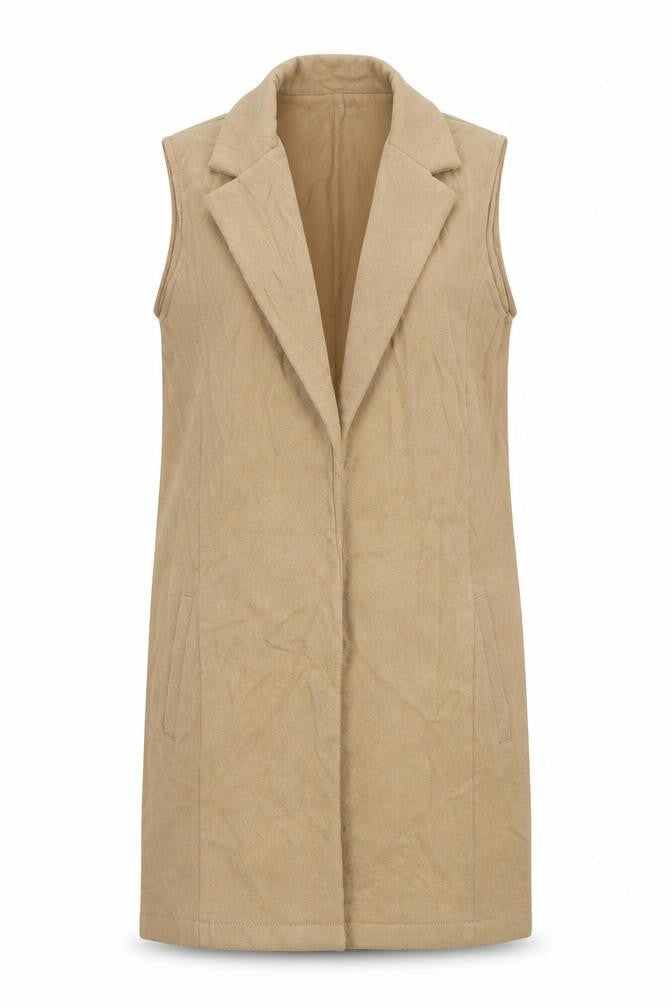 Front view of Missguided women’s beige overcoat waistcoat, size UK 8