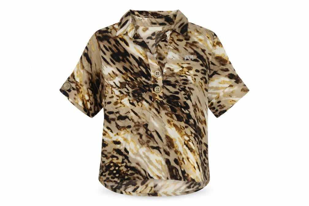 Front view of Air Field women’s brown animal print basic button-up, size L