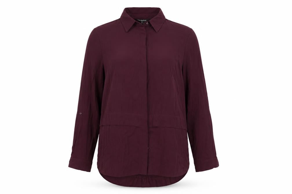 Front view of Debenhams women’s purple basic button-up, size UK 14