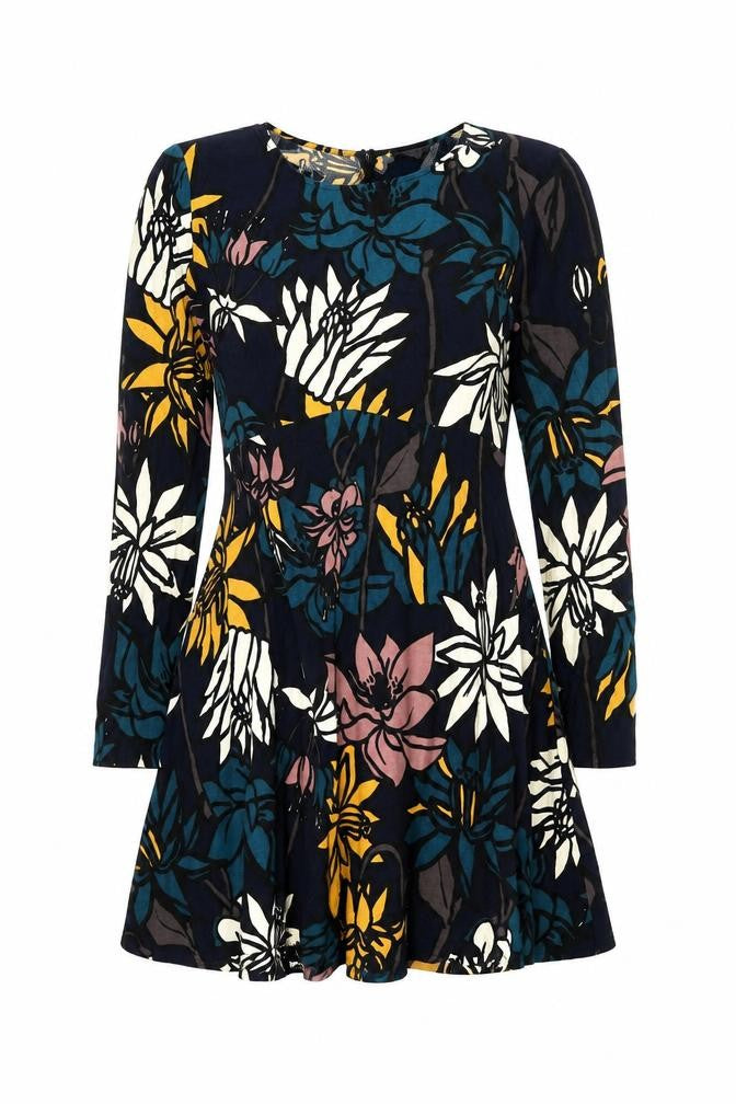 Front view of villa women’s blue floral a-line, size L