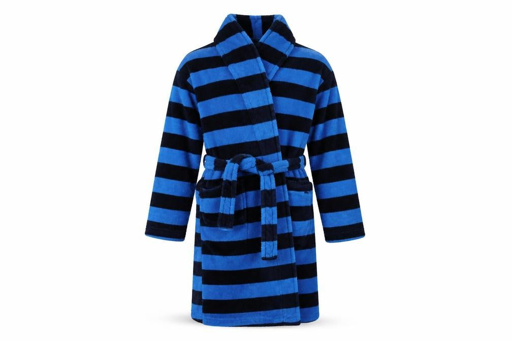 Front view of Kangaroo boys’ blue striped robe, size 7-8, years