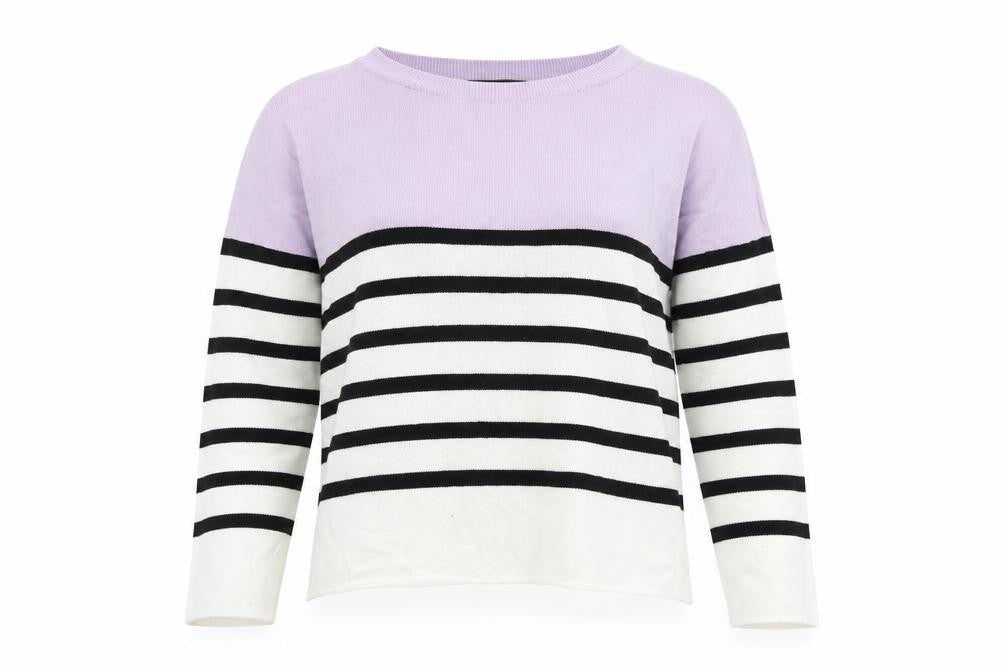 Front view of New Look women’s purple striped jumper, size M