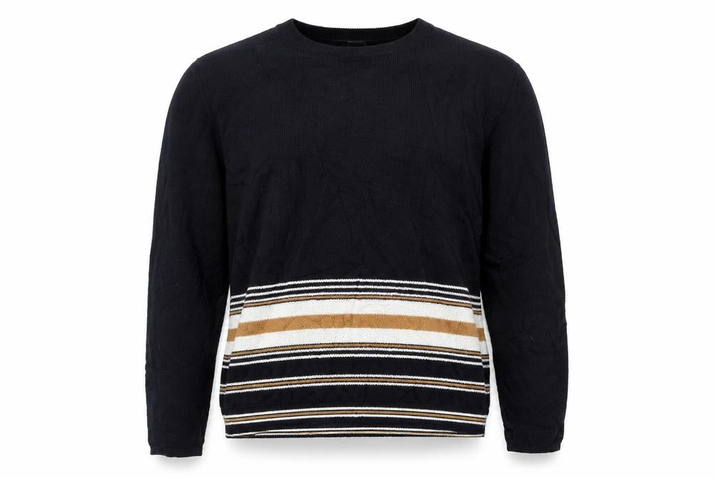Front view of River Island men’s black striped jumper, size L