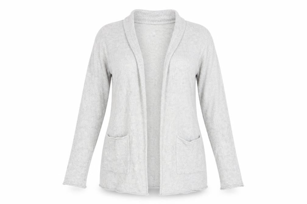 Front view of H&M women’s grey cardigan jumper, size UK 6