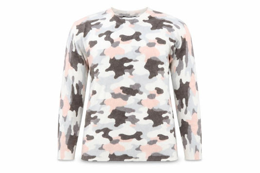 Front view of Marks & Spencer women’s multicoloured camouflage jumper, size UK 8