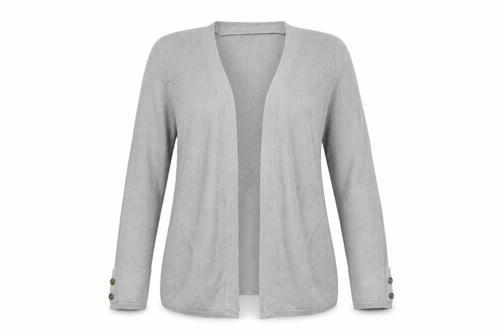 Front view of Marks & Spencer women’s grey cardigan jumper, size UK 8