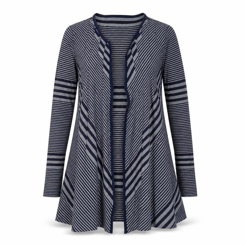 Front view of Per Una women’s blue striped cardigan jumper, size UK 10