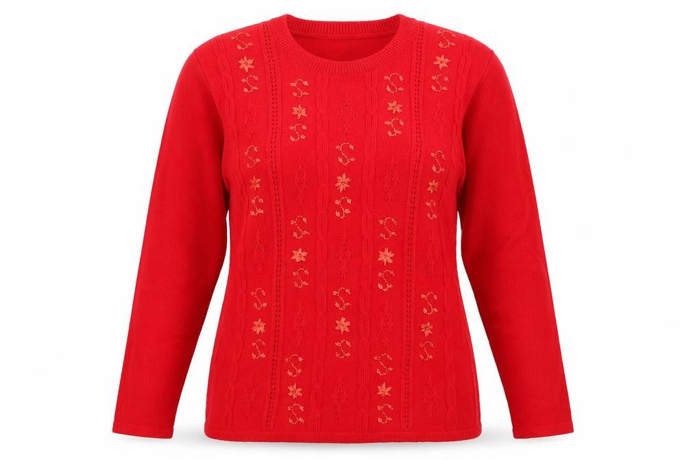 Front view of Jan Eva women’s red knit jumper, size M