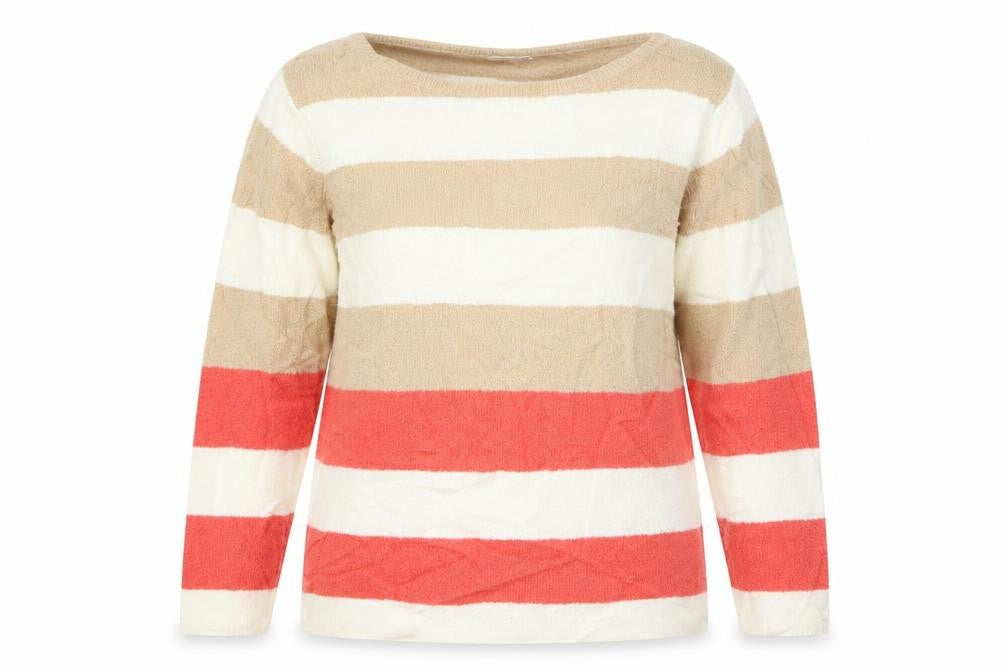 Front view of Damart women’s beige striped knit jumper, size UK 10, - pink