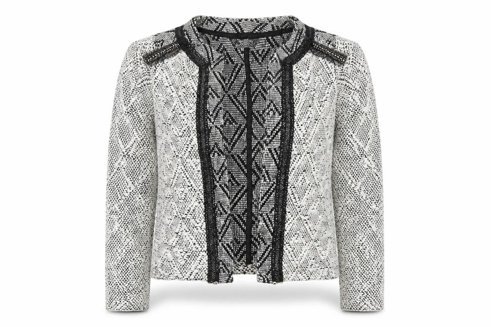 Front view of Miss Selfridge women’s ivory geometric jacket, size UK 12