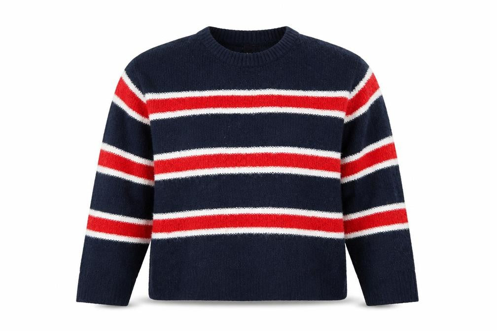 Front view of H&M women’s blue striped knit jumper, size M, - red