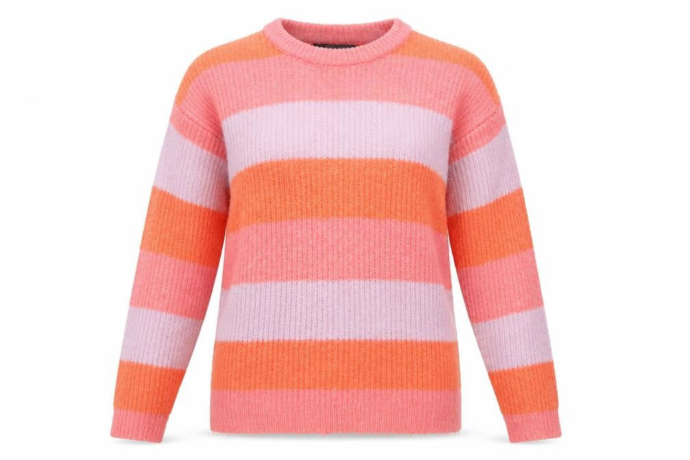 Front view of Primark women’s pink striped knit jumper, size UK 4